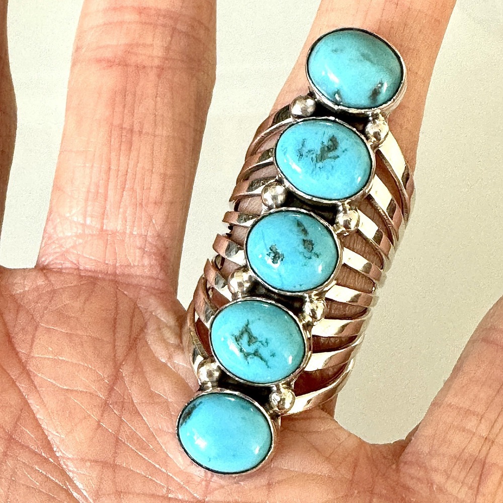 Long‎ Navajo Turquoise Ring Sz 8 Sterling Thomas Yazzie Native American 5 Stone
